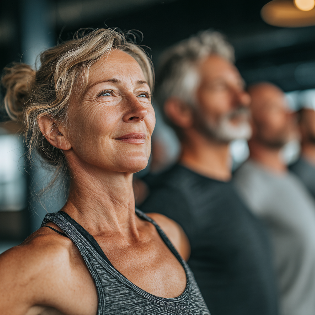 Group of adults aged 40-55 doing fitness exercises together in bright modern studio