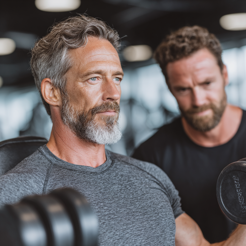 Professional fitness trainer working with middle-aged client in modern gym environment